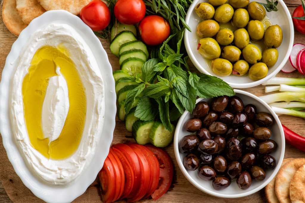 Lebanese food of Labneh Yogurt olives and veggies