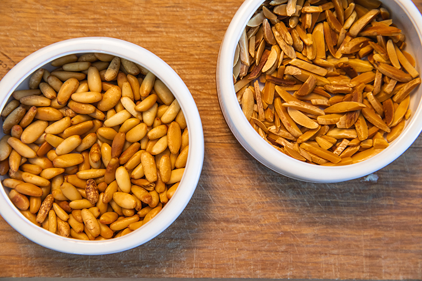 fried pine nuts and slivered almonds